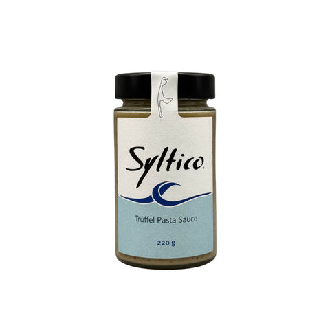 Trüffel Pasta Sauce der Marke Syltico Hellblau, Weißes Etikett mit Blauer welle und der Insel Sylt 