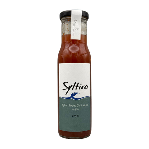 Sylter Sweet Chilli Sauce der Marke Syltico Blaugrünes Weißes Etikett mit Blauer Welle und der Insel Sylt 